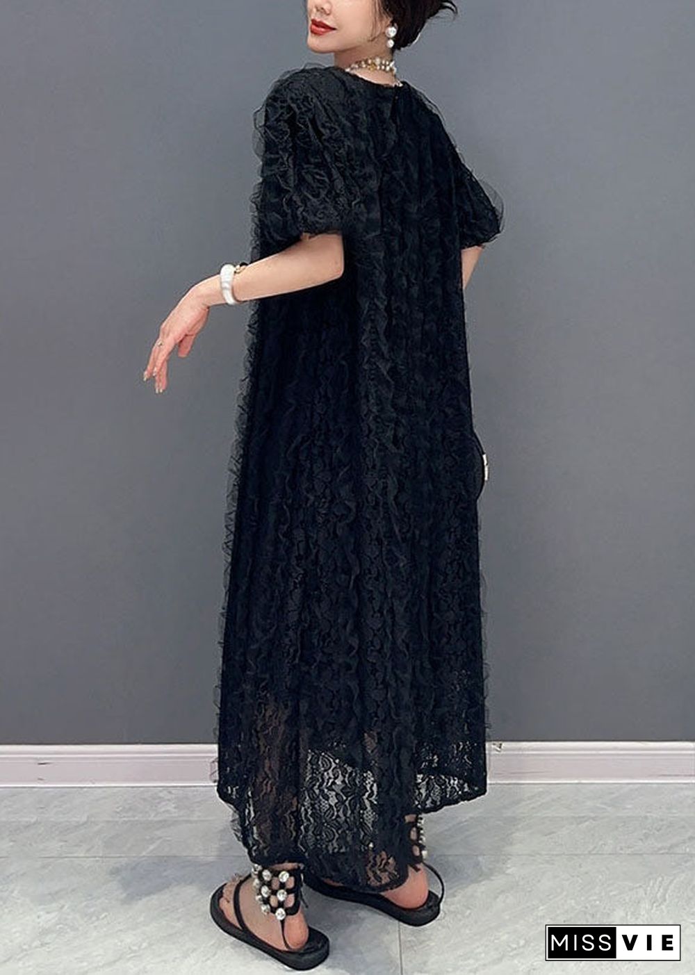 Boutique Black O-Neck Ruffled Patchwork Long Lace Dress Summer