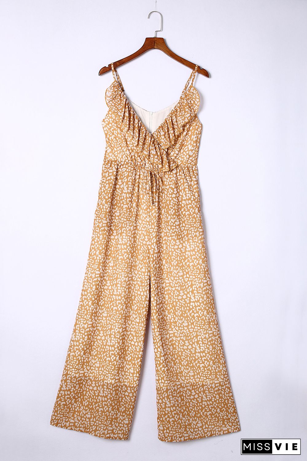 Yellow Leopard Print Drawstring Ruffled V Neck Jumpsuit