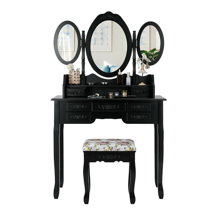 7 Drawer Tri-Folding Mirror Dressing Vanity Makeup Set-Black