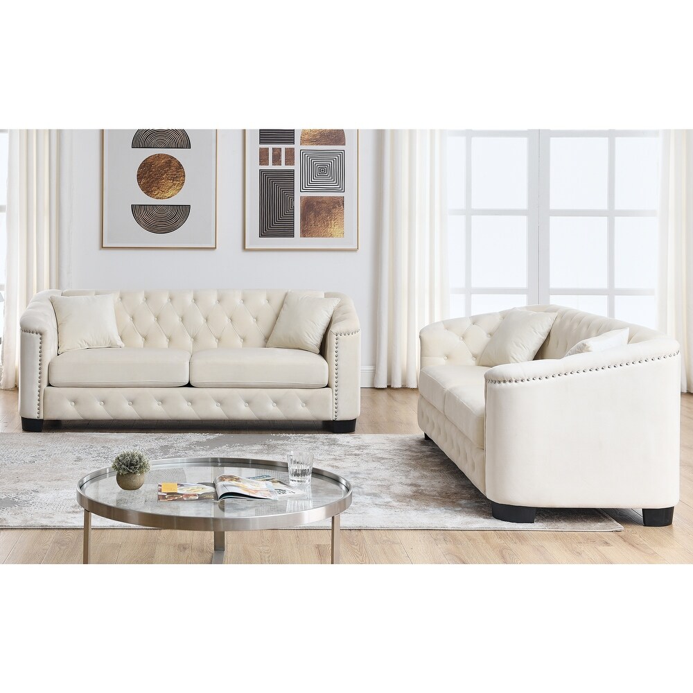 3 seat Sectional Sofa Sets Velvet Loveseat Sofa Button Tufted Lounge Sofa with Pillows and Nailhead Arms for Living Room  Beige