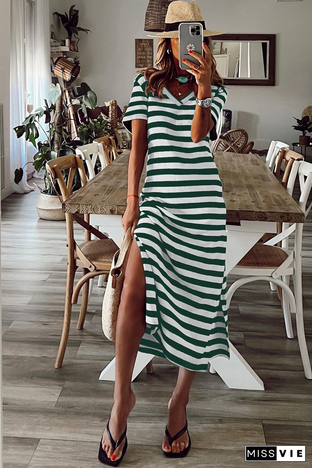 Green Stripe Print V Neck Maxi Dress with Side Splits