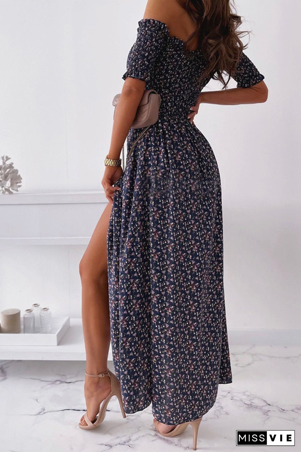 Floral Print Off Shoulder Long Split Dress Wholesale