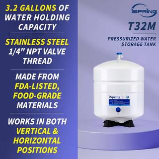 ISPRING 3.2 Gal. Metal Pressurized Reverse Osmosis Water Storage Tank with Ball Valve T32M