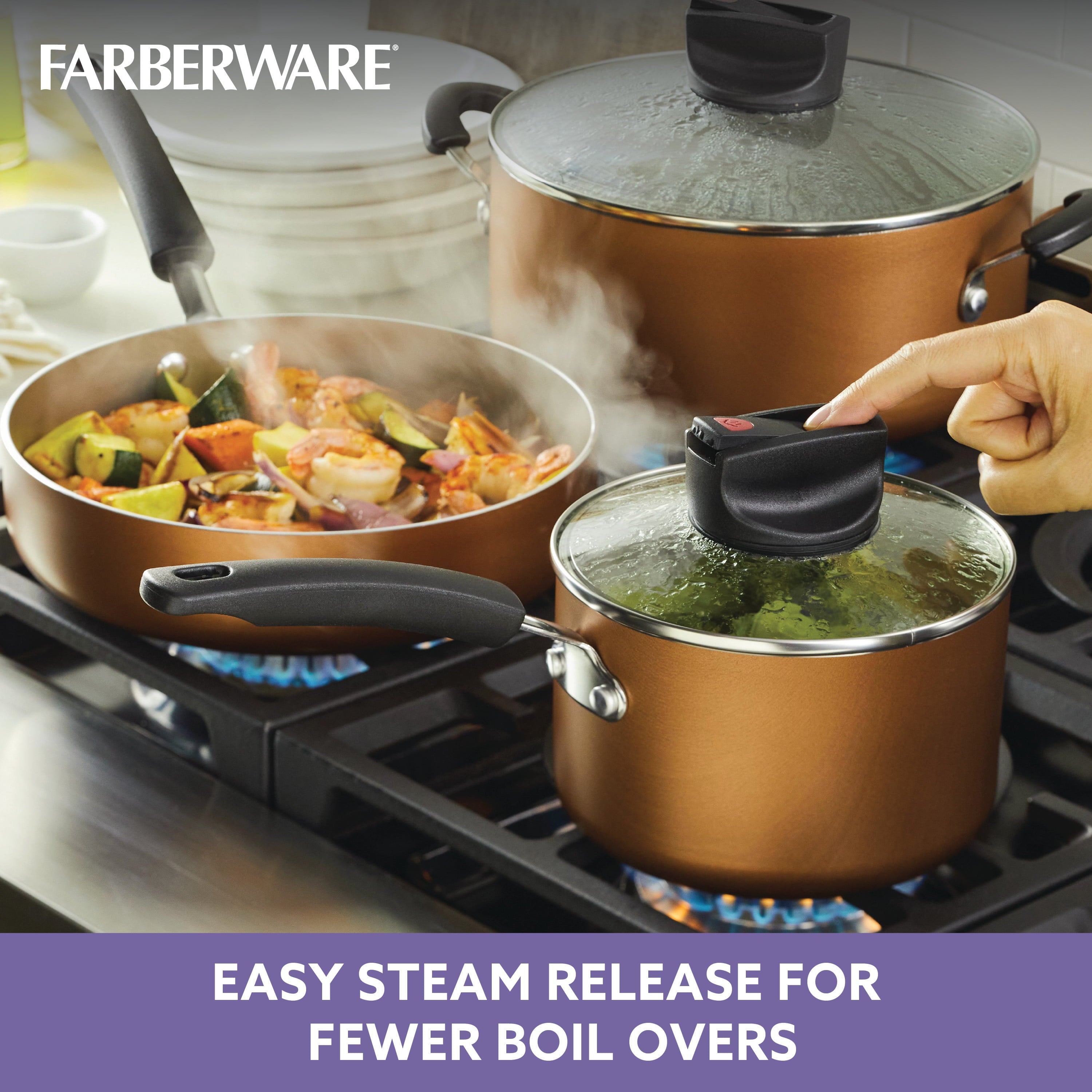 Farberware Easy Clean Steam Vent Cookware Nonstick Pots and Pans Set, 14-Piece, Copper