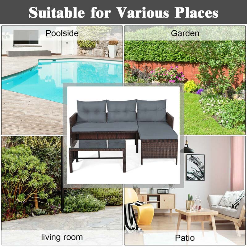 3 Pcs Rattan Patio Furniture Set Outdoor Conversation Sofa Set with Loveseat Chair & Coffee Table