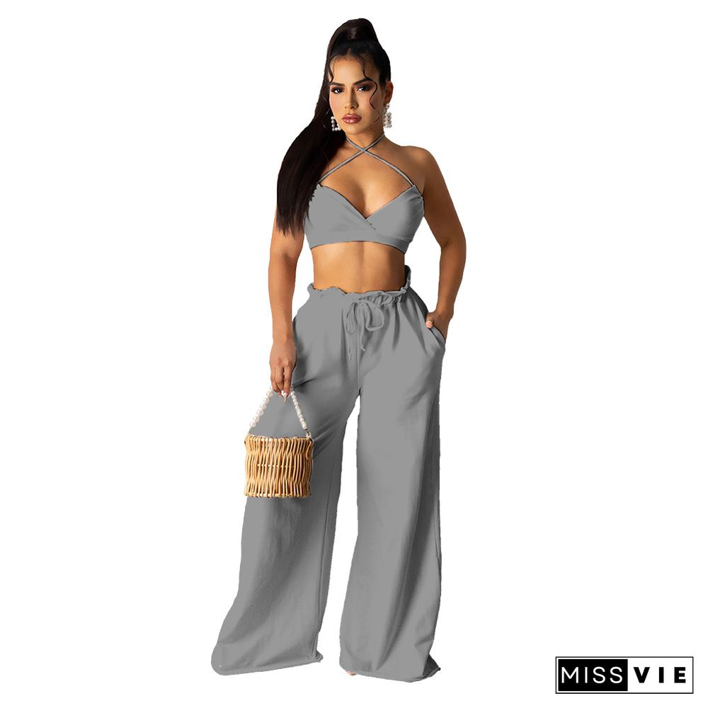 Lace Up Halter Bra Crop Top+Wide Leg Pant Suits