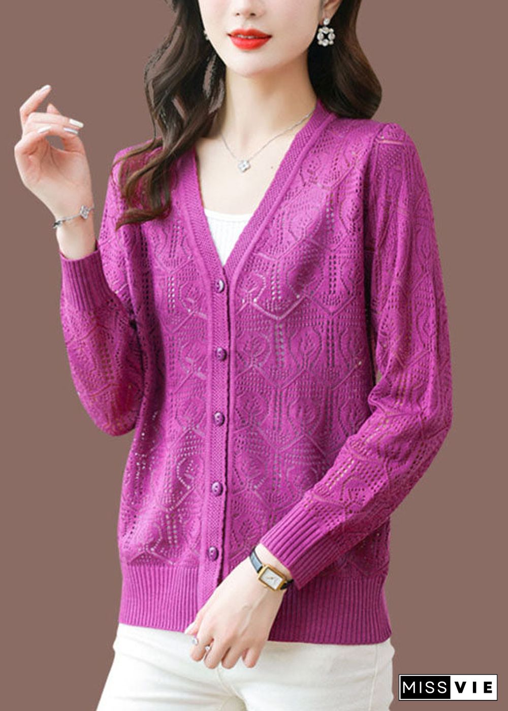 Slim Fit Purple Button Thin Ice Size Knit Cardigan Summer