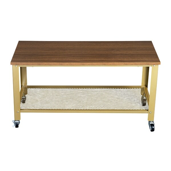 Natural Style Coffee Table with Golden Base and 4 Wheels at the Bottom for Living Room Bedroom