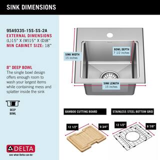 Delta Emery 18-Gauge Stainless Steel 15 in. 1-Hole Dual Mount Bar Sink with Accessories 95A9335-15S-SS-2A