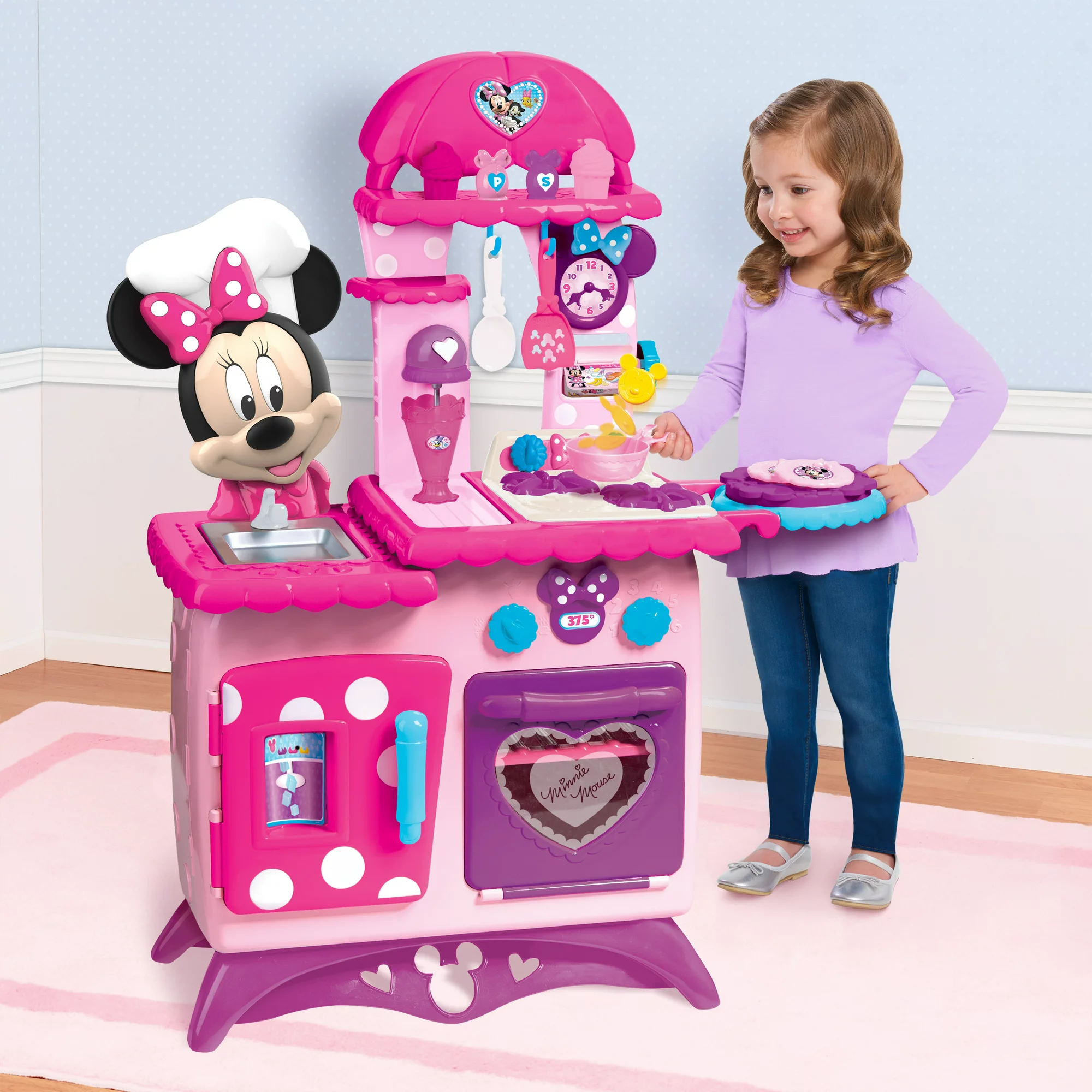 Disney Junior Minnie Mouse Flipping Fun Pretend Play Kitchen Set， Play Food， Realistic Sounds， Kids Toys for Ages 3 up