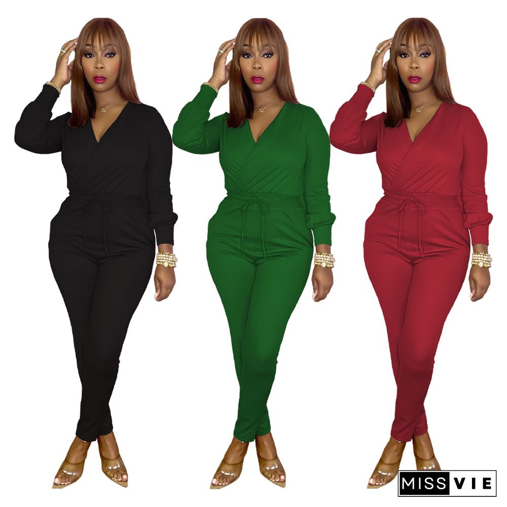 V Neck Lace Up Long Sleeve Bodycon Jumpsuit