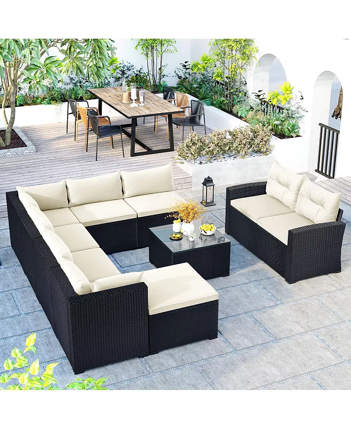 Simplie Fun 9-piece Outdoor Patio Large Wicker Sofa Set Rattan Sofa set for Garden Backyard Porch and Poolside Black wicker Beige Cushion