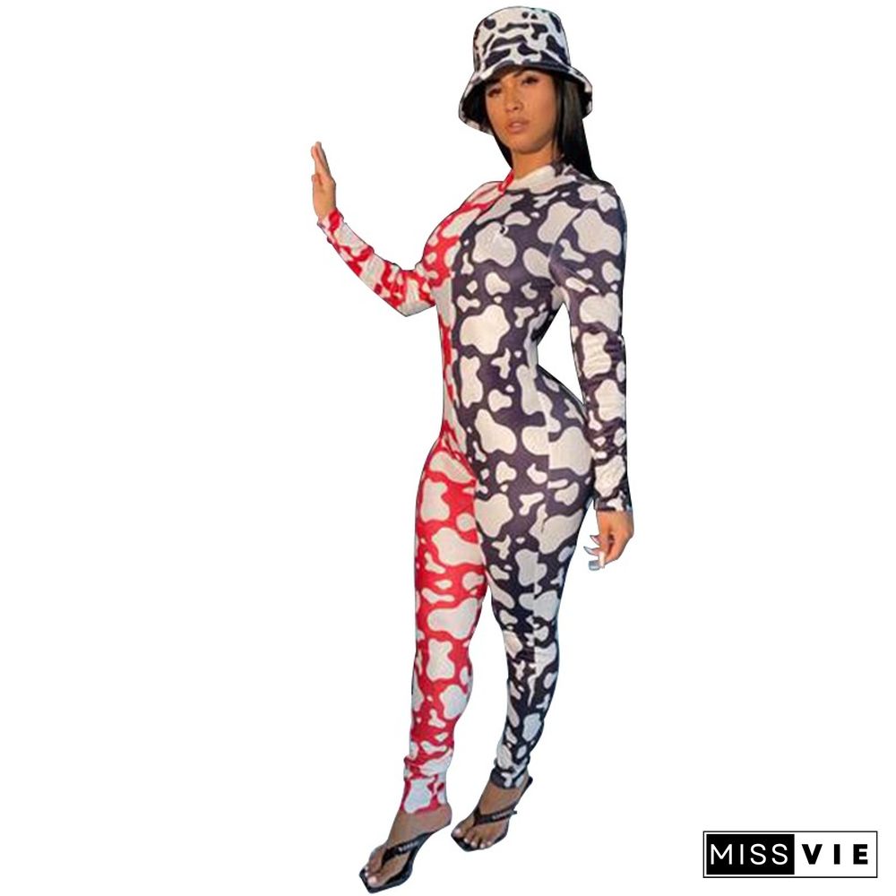 Pattern Print Patchwork Long Sleeve Skinny Jumpsuit