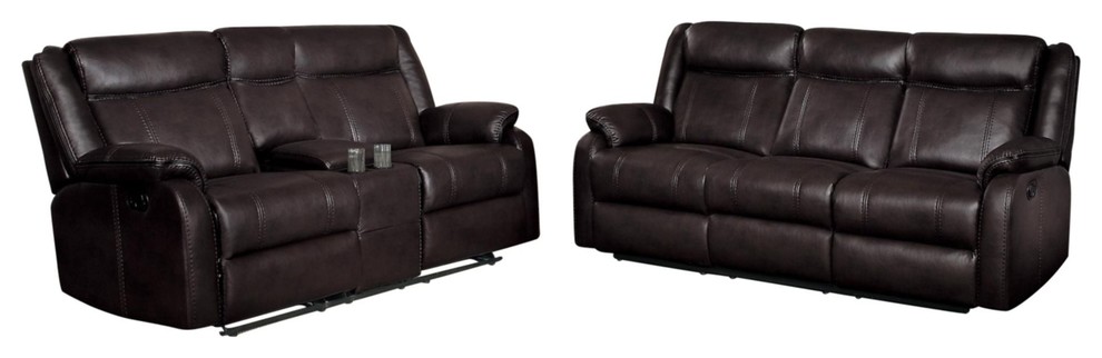 2 Piece Jakes Double Recliner Sofa  Love Seat w Console Drk Brown Leather   Contemporary   Living Room Furniture Sets   by AMOC  Houzz