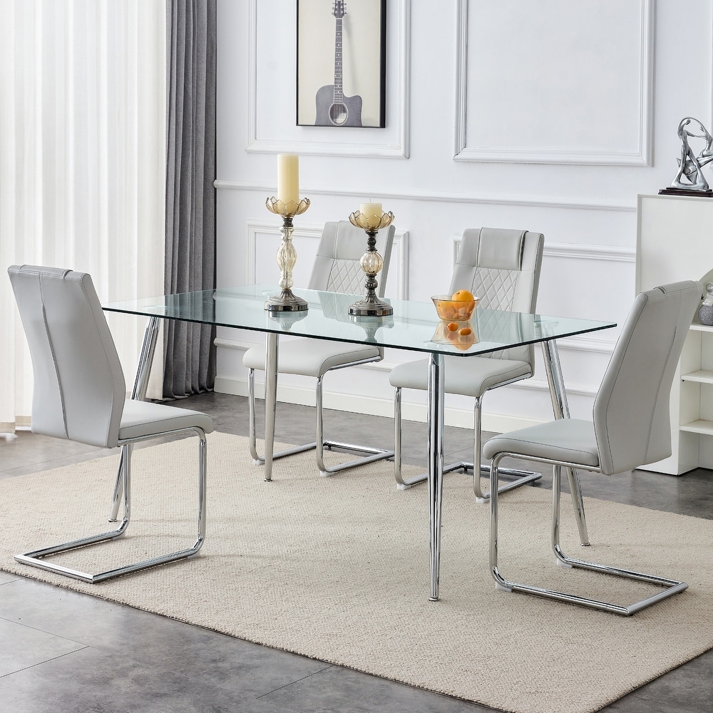 5 PCS Dining Table Set Table and Chair Set w 1 Table and 8 Chairs Glass Table Top Metal Table Legs