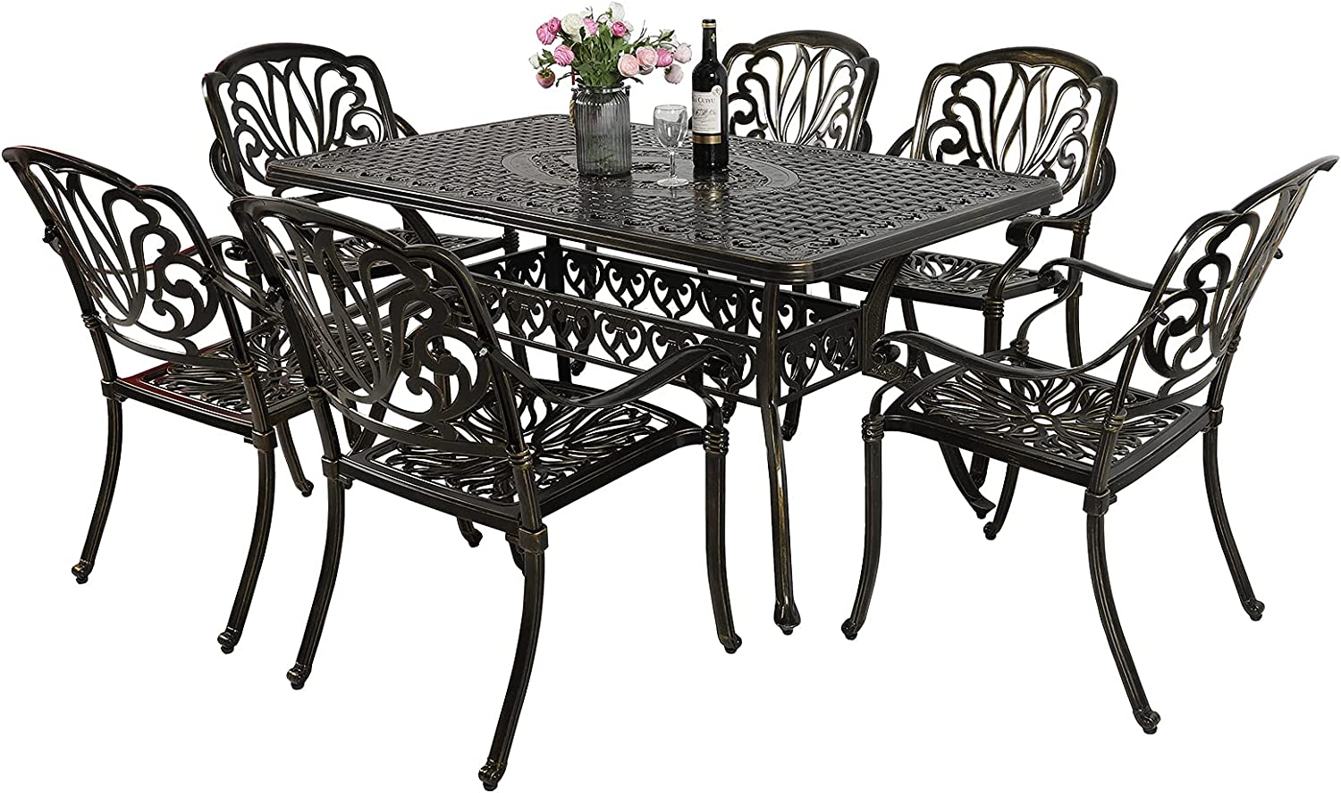 VIVIJASON 7-Piece Patio Furniture Dining Set, All-Weather Cast Aluminum Outdoor Conversation Set, Include 6 Chairs and a Rectangle Table with Umbrella Hole for Balcony Lawn Garden Backyard