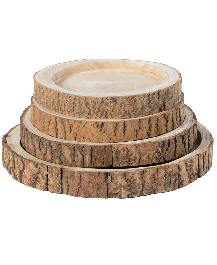 Vintiquewise Wood Tree Bark Indented Display Tray Serving Plate Platter Charger Set of 4