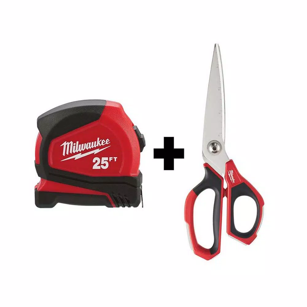 Milwaukee 25 ft. Compact Tape Measure W/ Jobsite Straight Scissors and#8211; XDC Depot