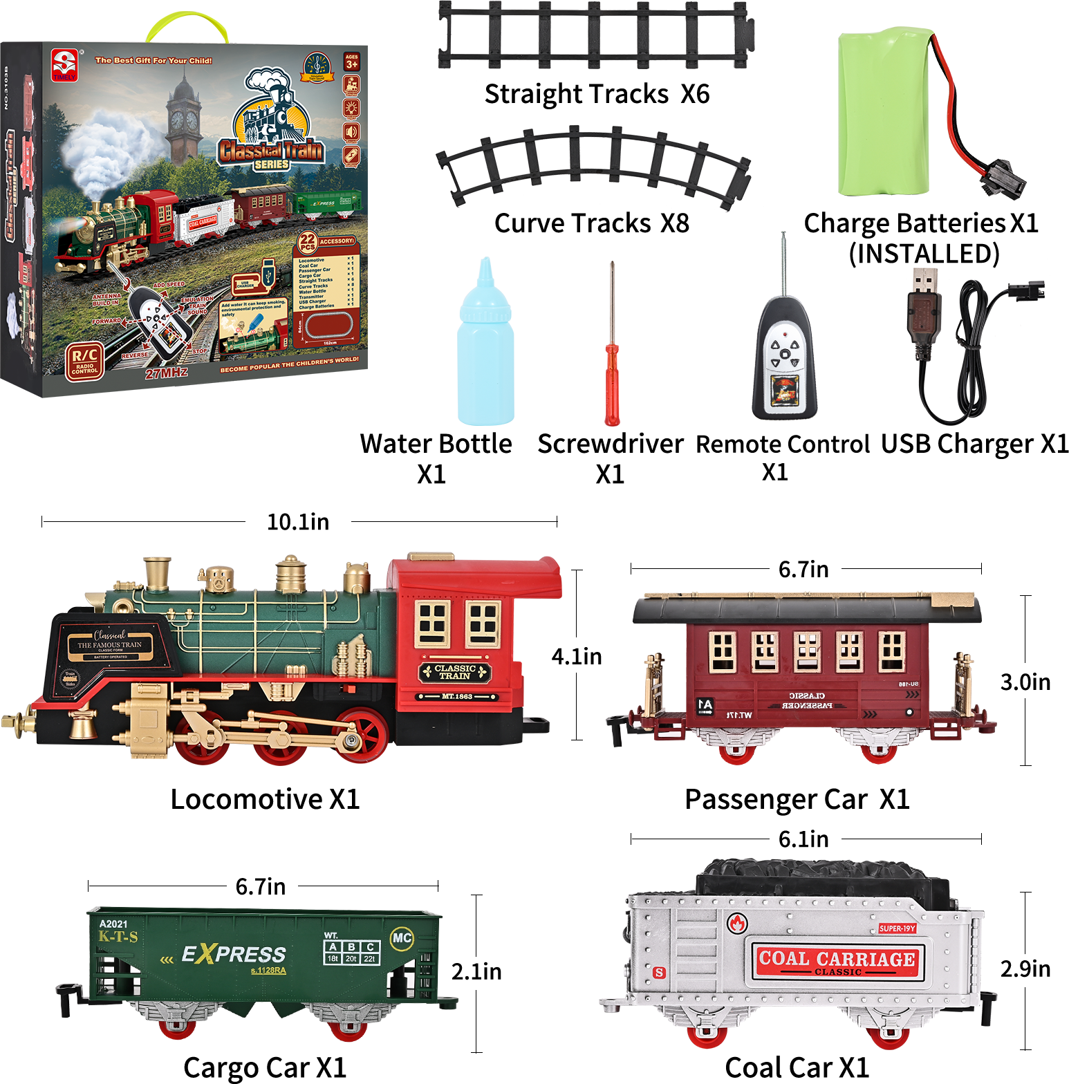 FANL Train Set Toy， RC Train Set W/ Smoke， Lights， Sounds Railway ， Rechargeable Electric Train Toy Birthday Gift Toys for Age 3 4 5 6 + Kids