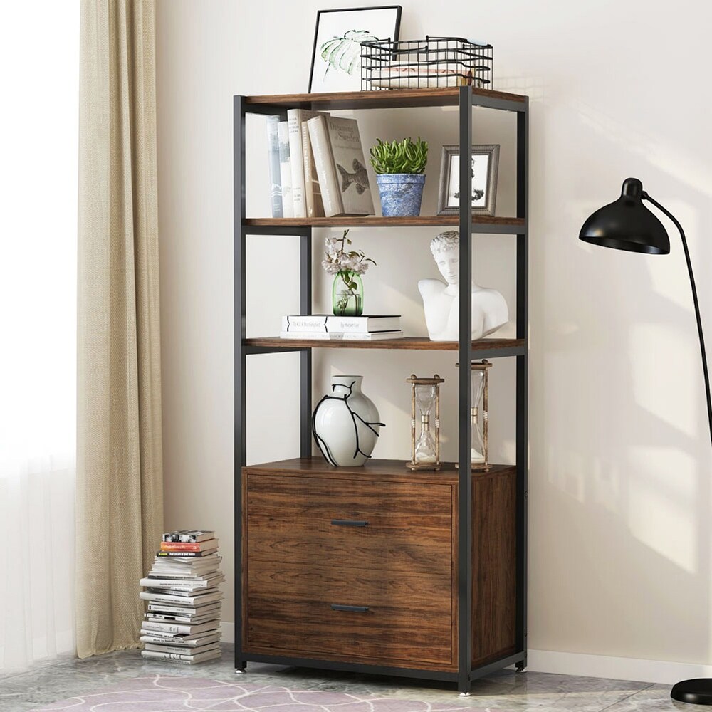 Bookcase with 2 Drawers Storage Cabinet Display Shelves