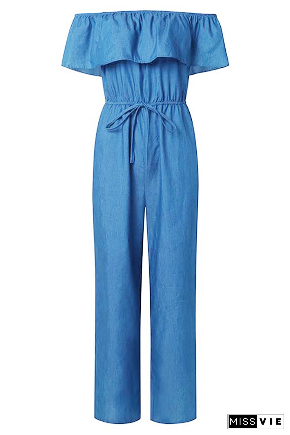 Foldover Ruffle Trim Drawstring Denim Jumpsuit