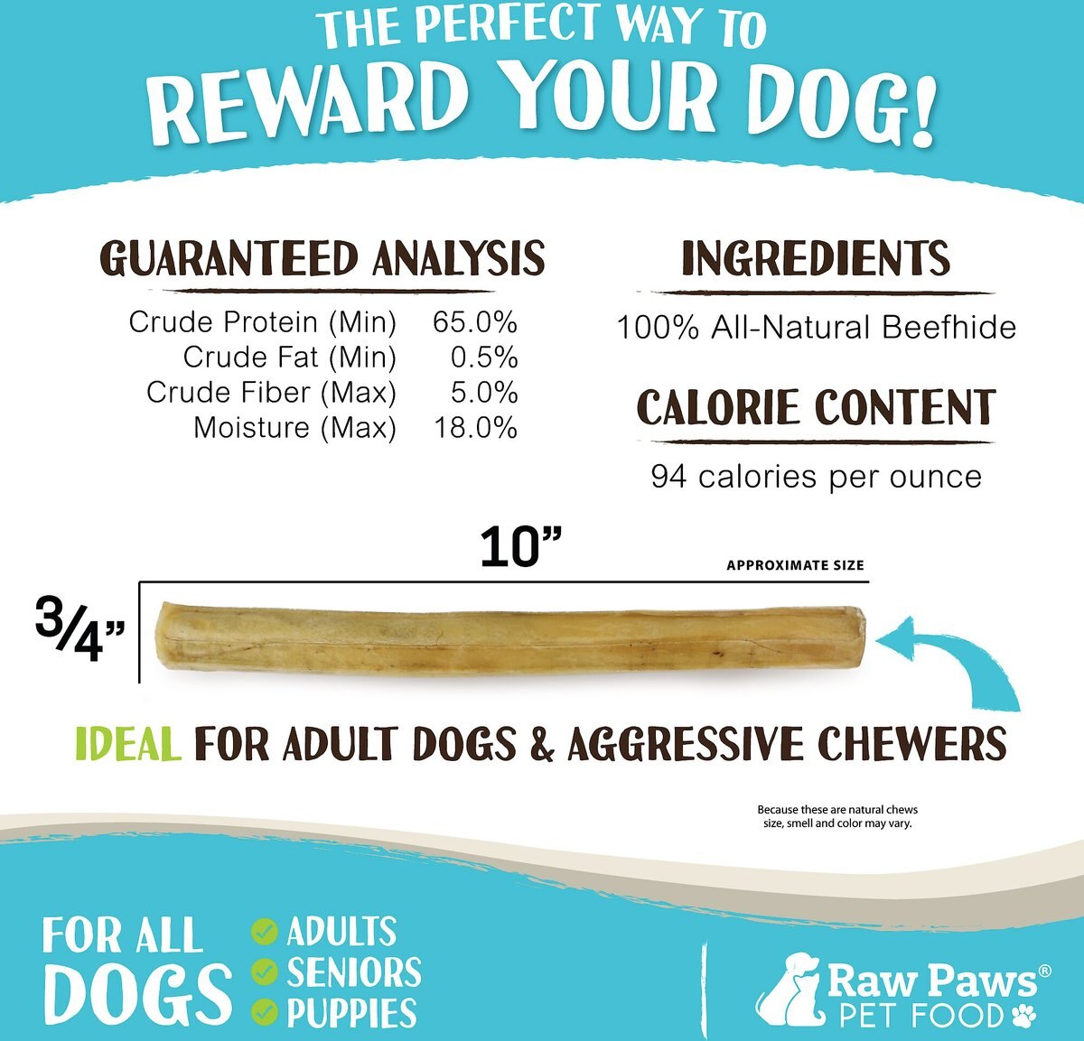 Raw Paws Compressed Rawhide Stick Dog Chews， 10-in