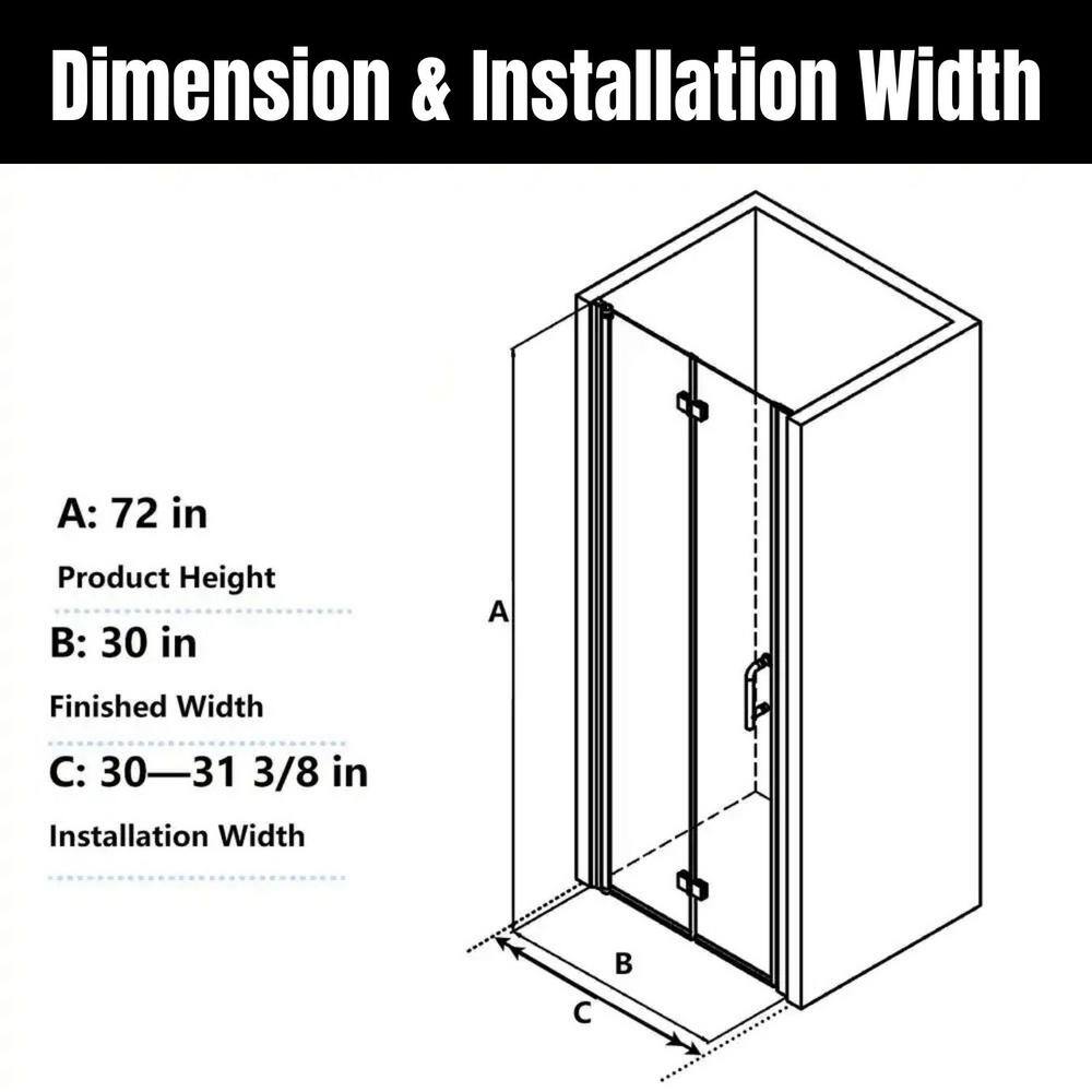 TOOLKISS 30 to 31-38 in. W x 72 in. H Bi-Fold Frameless Shower Doors in Black with Clear Glass BFH30MB