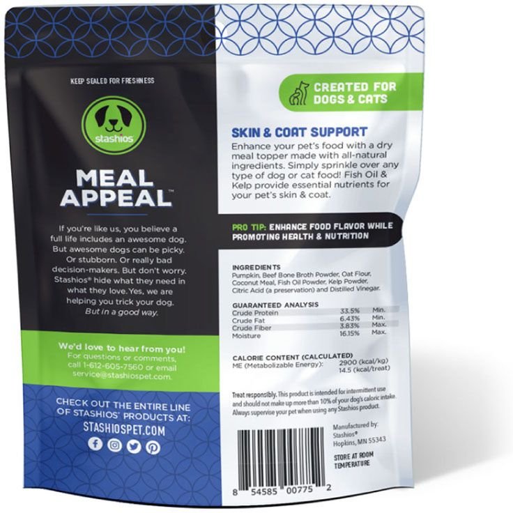 Stashios Meal Appeal Beef Skin and Coat Support Dehydrated Dog and Cat Treats， 4-oz bag