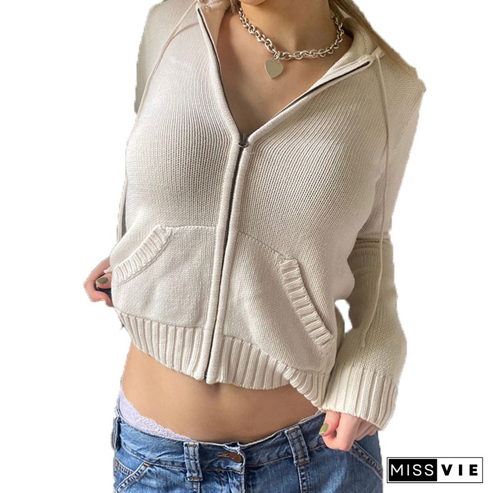 Vintage Brown Solid Hooded Y2K Sweaters Women Autumn Winter Lantern Sleeve Zip Up Jacket Cardigan Knitted Hoodies