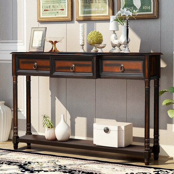 Nestfair Solid Wood Console Table with 3 Drawers and Shelf