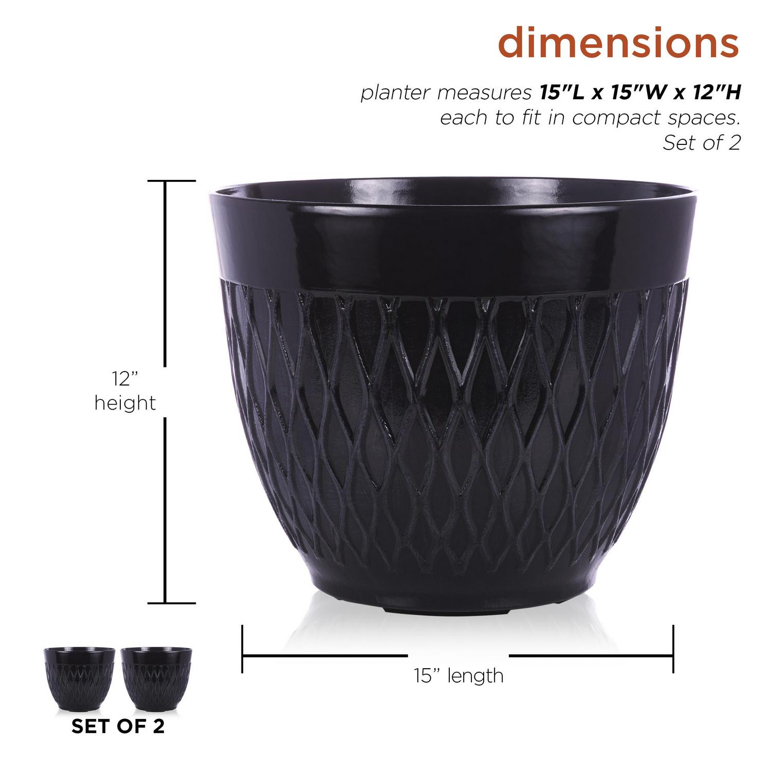 Alpine Corporation 15  x 12  StoneLook Planters with Drainage Holes Black Set of 2  Crowdfused