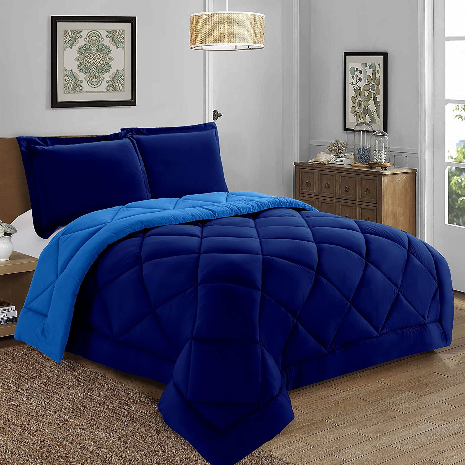 Goose Down Alternative 3pc Comforter Set- King/California King， Navy/Aqua