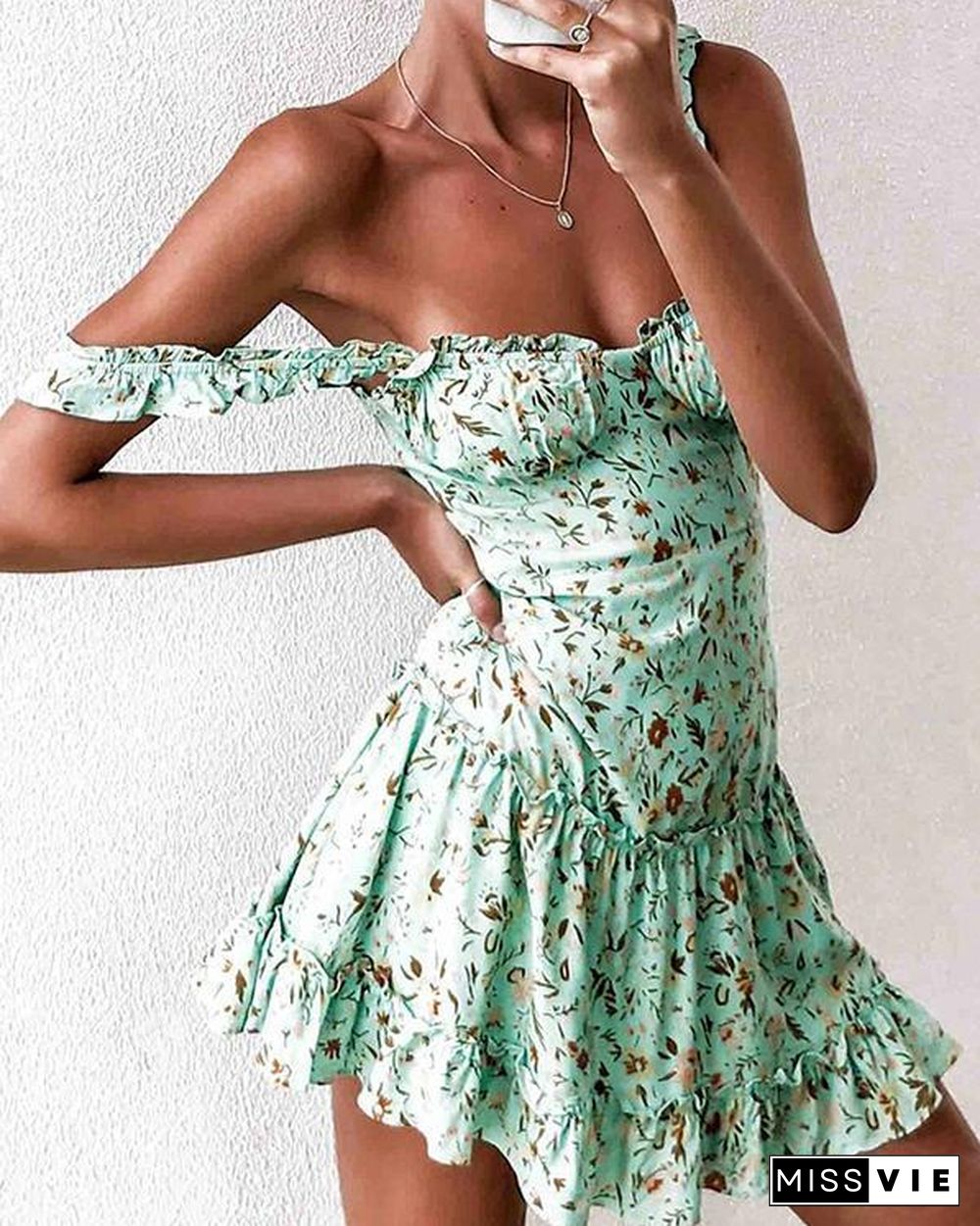 Floral Print Ruffle Trim Dress