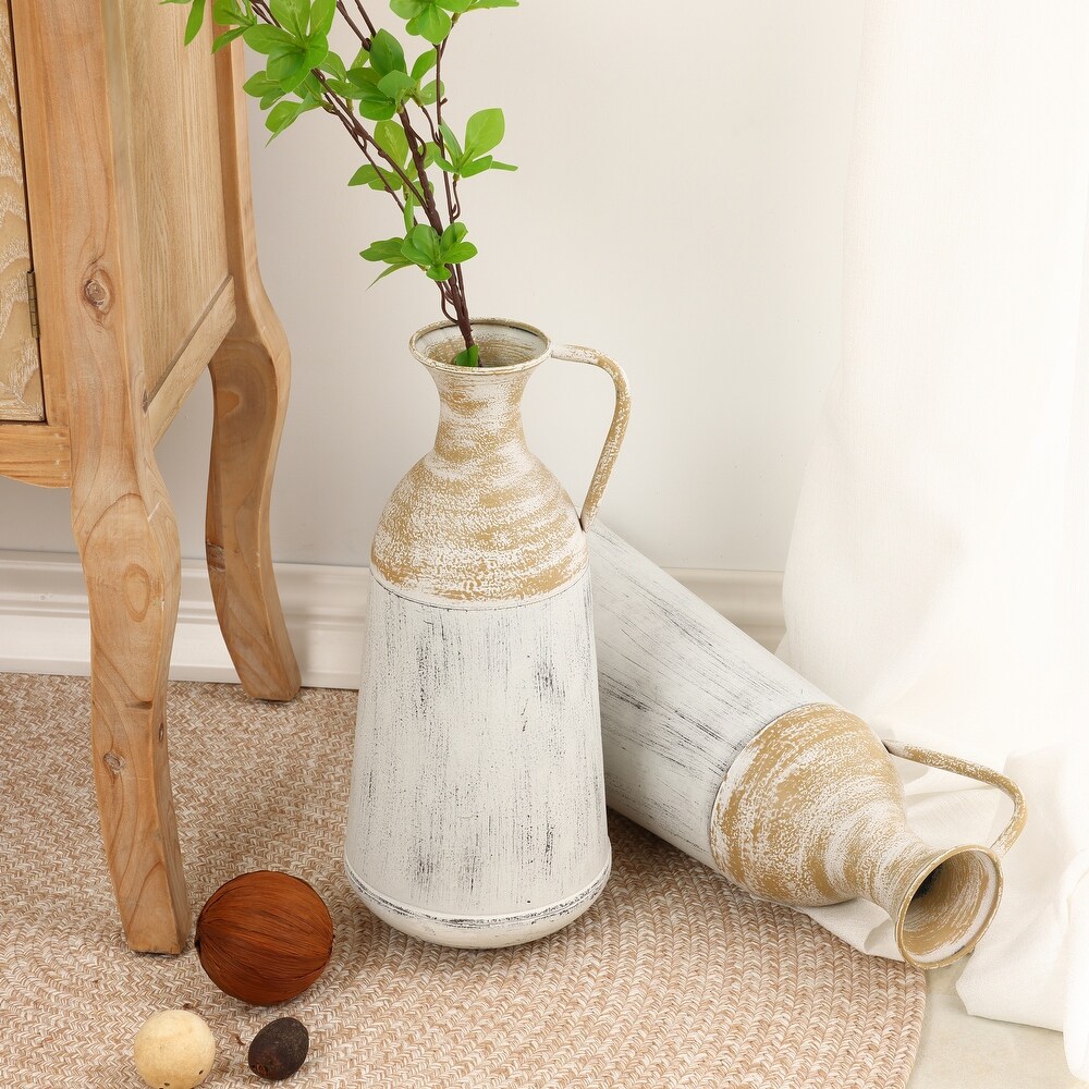 Distressed Off White and Rustic Brown Metal Pitcher Vase (Set of 2)