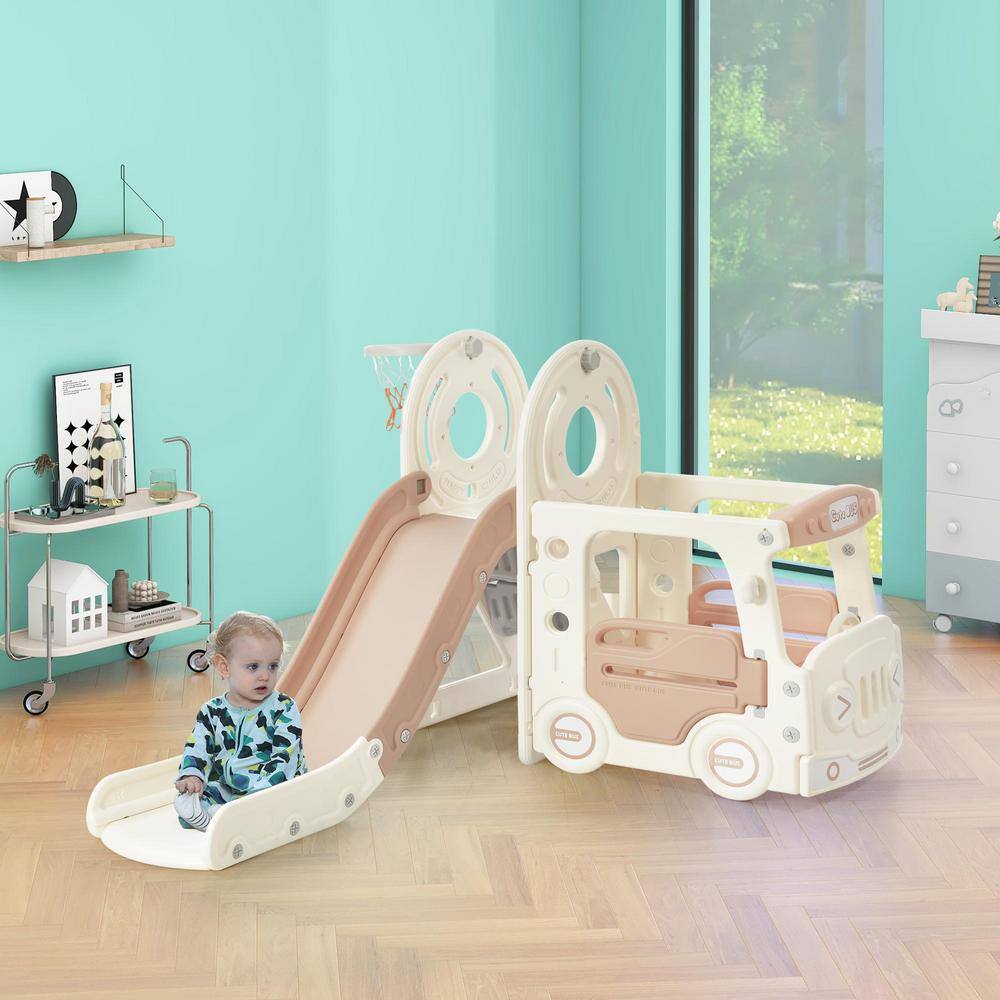 4-In-1 Beige 4.4 ft. Slide for Kids Toddler Climber Bus Slide Set with Basketball Hoop LN20232401