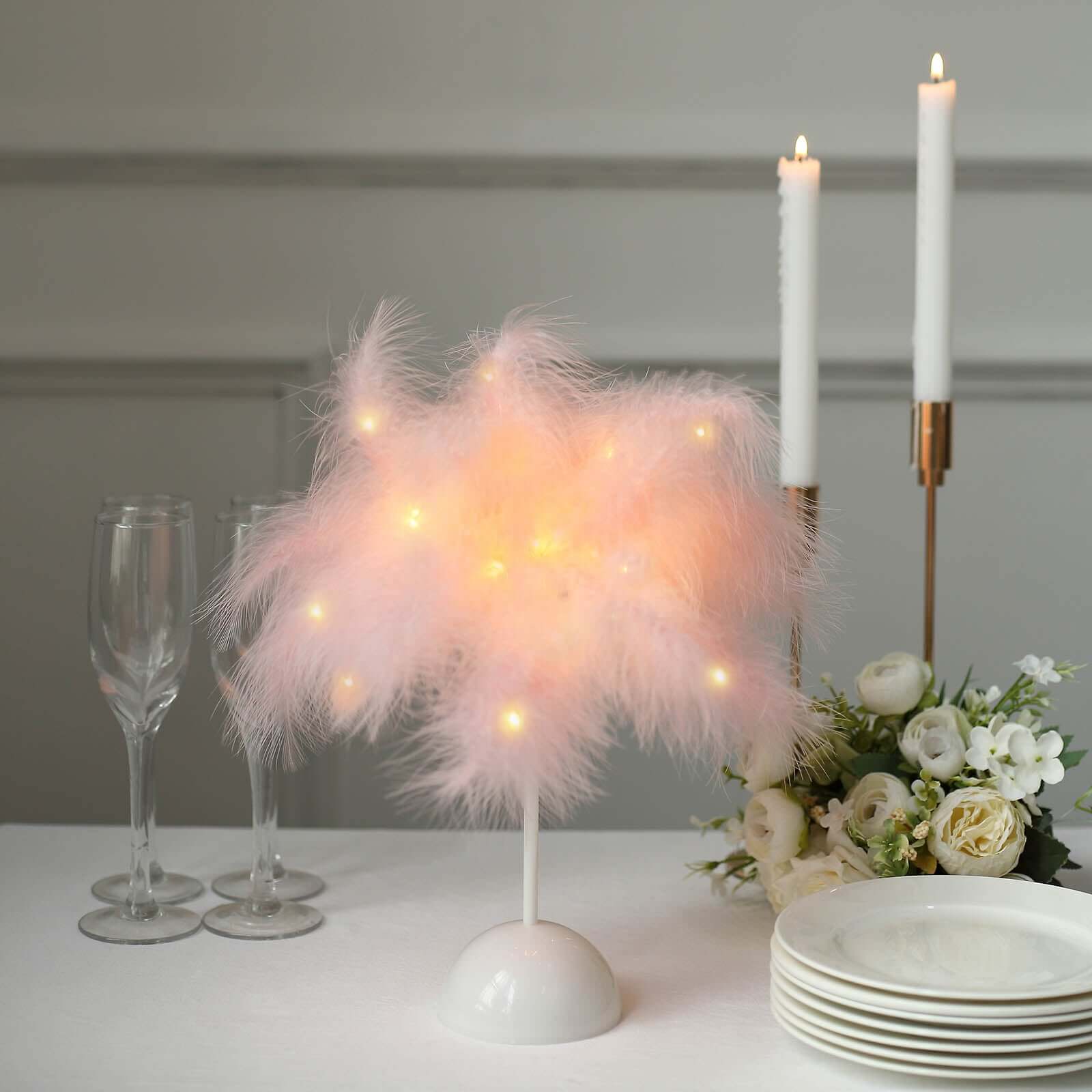 LED Blush Feather Table Lamp Desk Light, Battery Operated Cordless Wedding Centerpiece 15