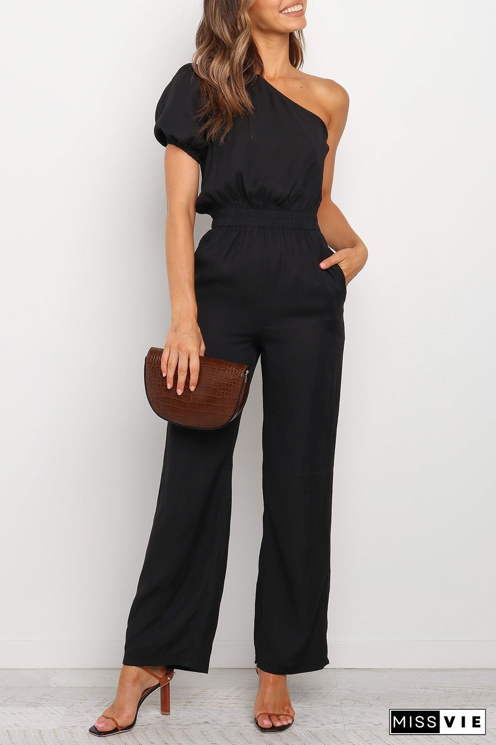 Black One Shoulder Puff Sleeve Elastic High Waist Jumpsuit