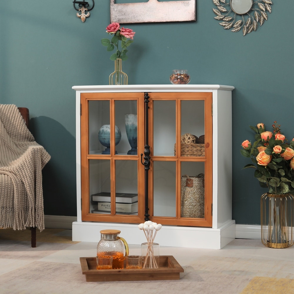 Sideboard Buffet Cabinet  Accent Wood Display Storage Cabinet with Glass Double Doors and Adjustable Shelves