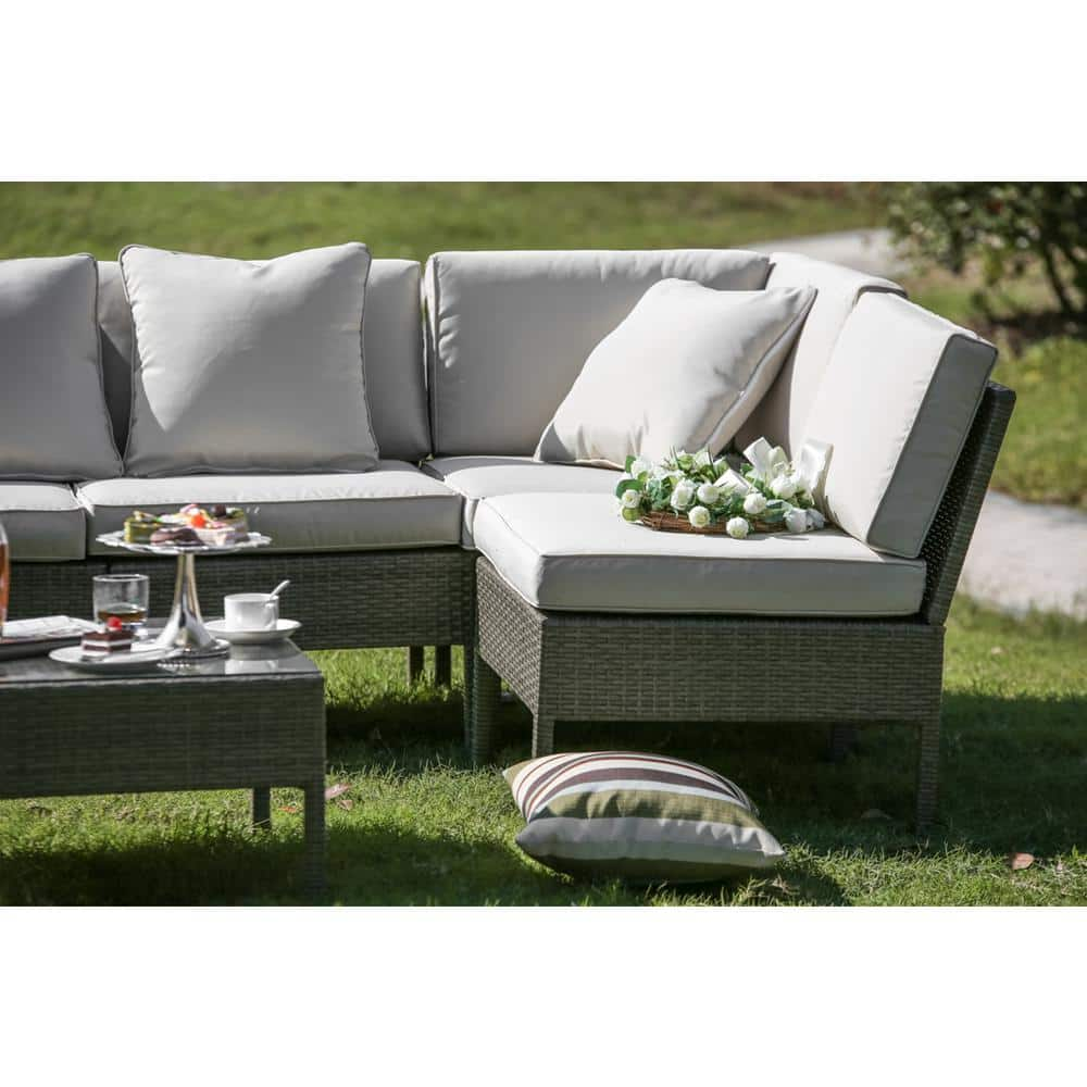 Patio Festival 6-Piece Wicker Outdoor Sectional Set with Off-White Cushions PF18237