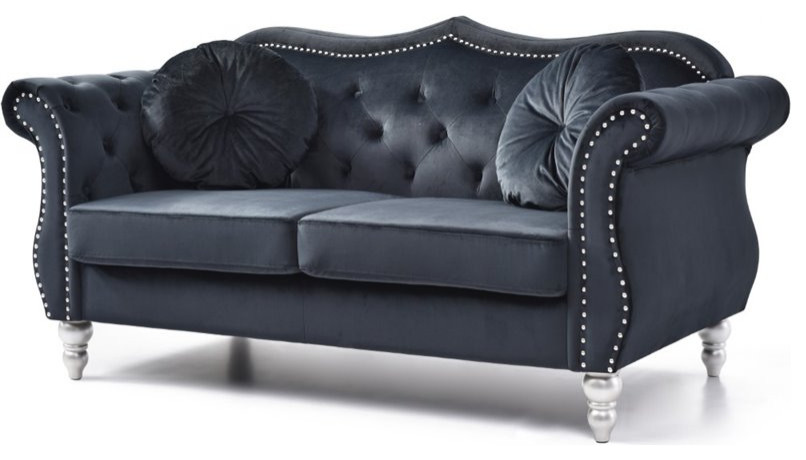 Pemberly Row 17 quotTransitional Tufted Velvet Loveseat in Black   Traditional   Loveseats   by Homesquare  Houzz