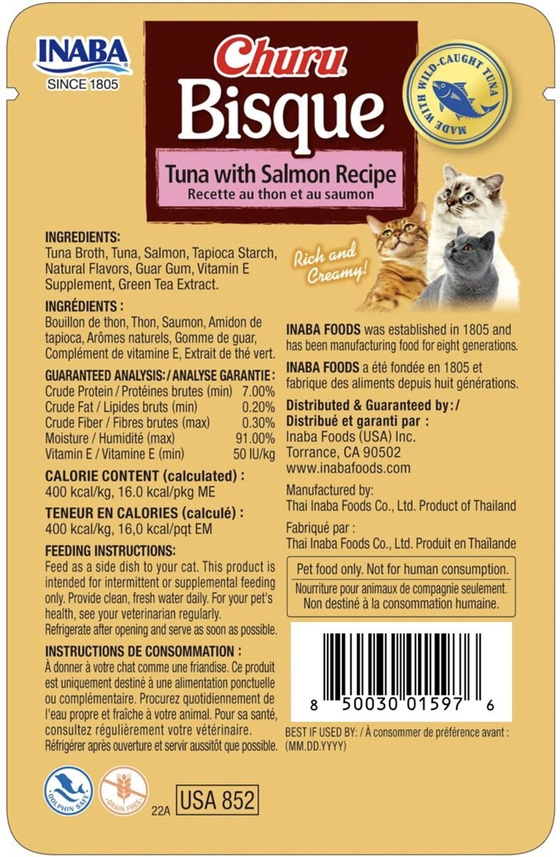 Inaba Churu Bisque Tuna with Salmon Recipe Grain-Free Lickable Cat Treats