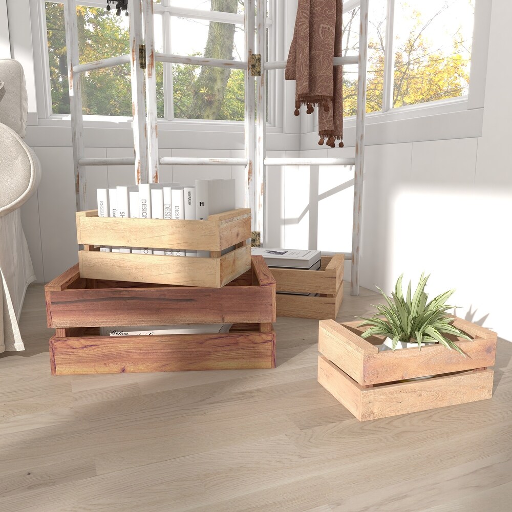 Brown Wood Handmade Storage Basket with Handles (Set of 4)   S/4 13\