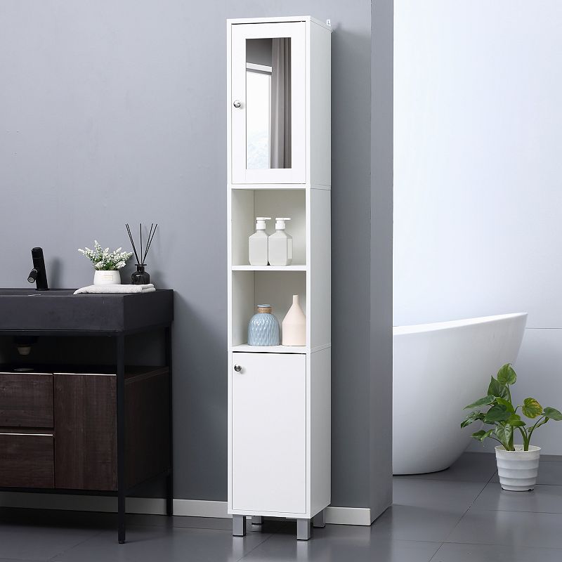 kleankin Tall Bathroom Storage Cabinet with Mirror Wooden Freestanding Tower Cabinet with Adjustable Shelves for Bathroom or Living Room White