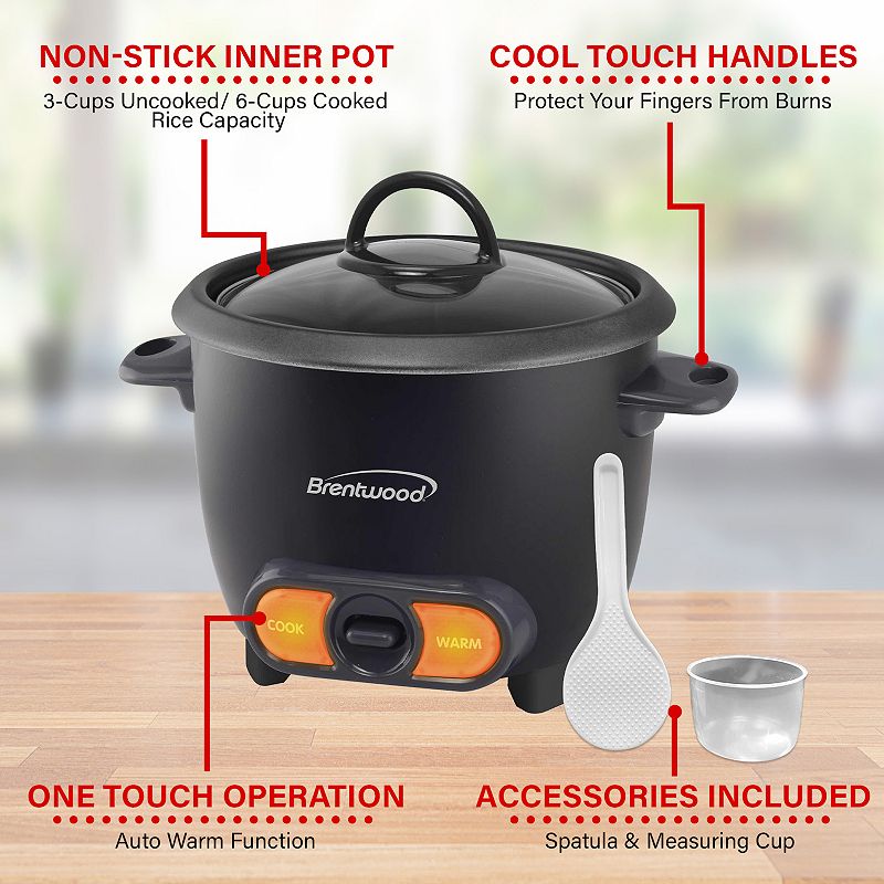 Brentwood 3 Cup Uncooked/6 Cup Cooked Non Stick Rice Cooker in Black