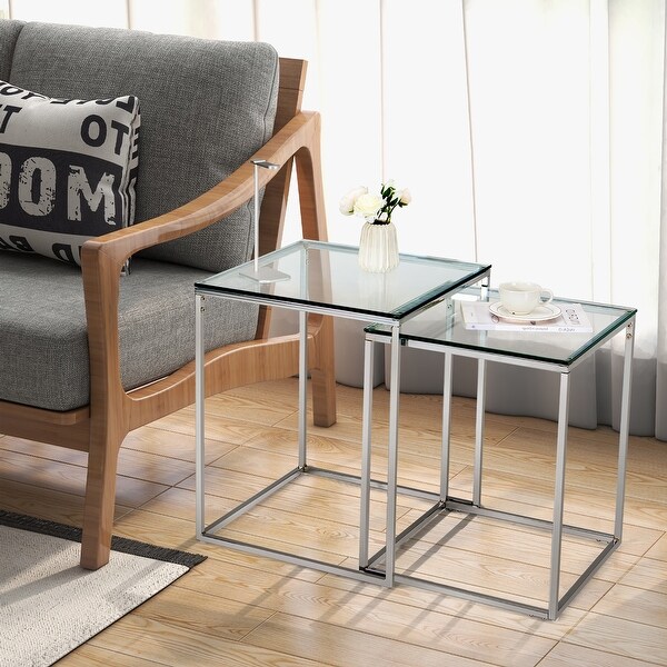 Costway 2pcs Nesting Coffee End Corner Side Table Tempered Glass Top - See Details