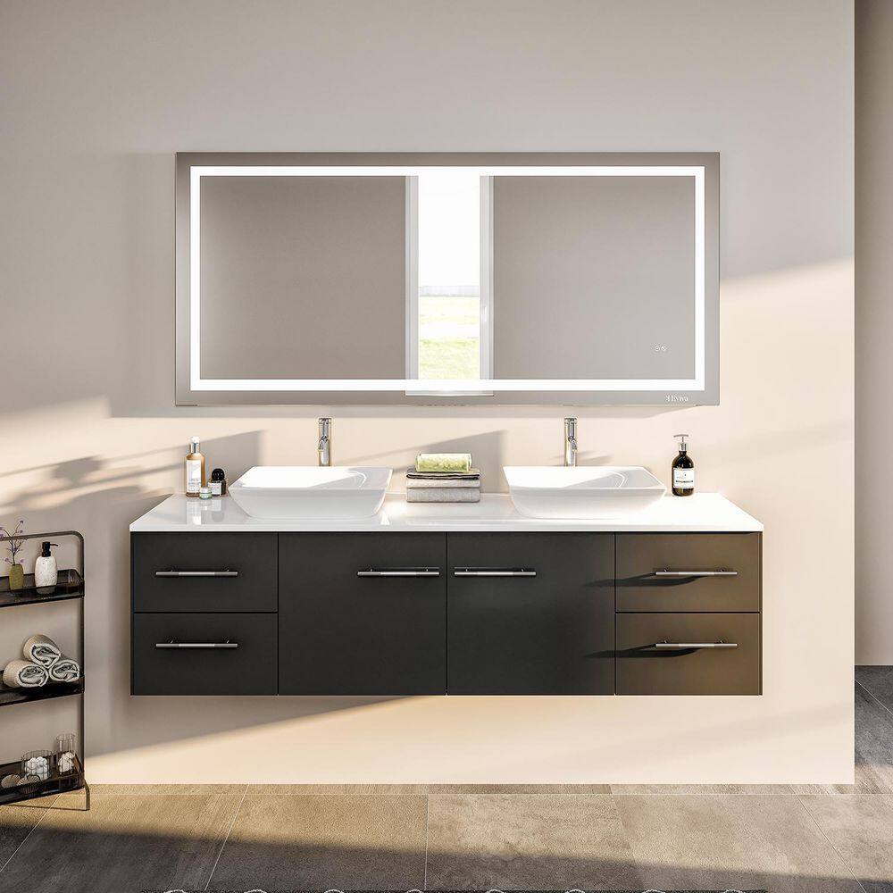 Eviva Totti Wave 60 in. W x 16 in. D x 22 in. H Double Bathroom Vanity in Espresso with White Glassos Top with White Sinks EVVN147-60ES