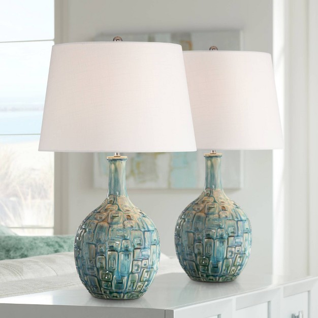 High Gourd Mid Century Modern Coastal Table Lamps Set Of 2 Teal Ceramic White Shade Living Room Bedroom Bedside colors May Vary