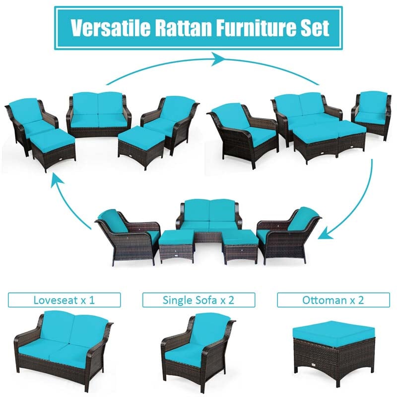 5 Pcs Rattan Wicker Patio Furniture Set with Loveseat, Single Sofas & Ottomans, Outdoor Conversation Sets