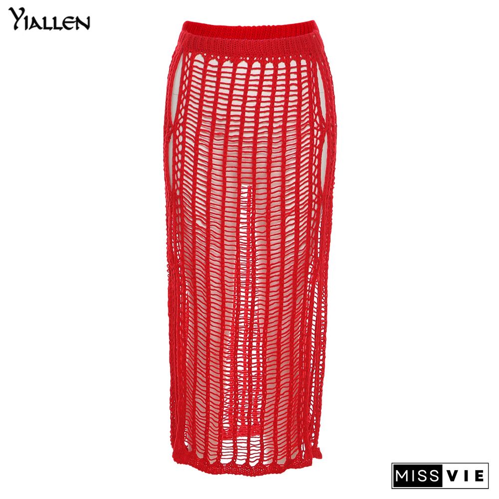 Yiallen Summer Yellow OpenworkWeaving Long Skirt New Women Sexy Chic Maxi Skirt Casual Streetwear Club Party Y2k Outfits