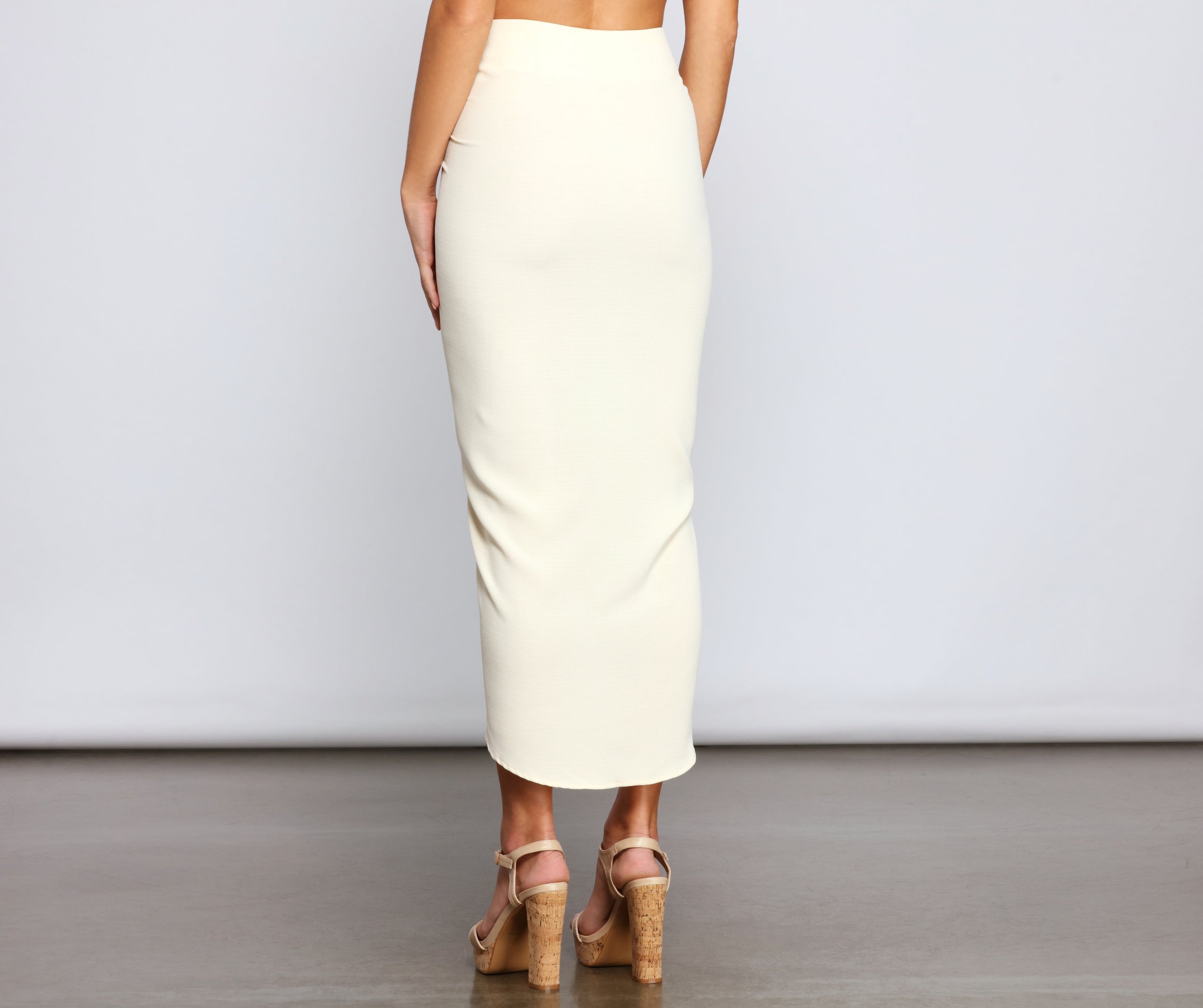 High-Rise Drama Ruched Midi Skirt